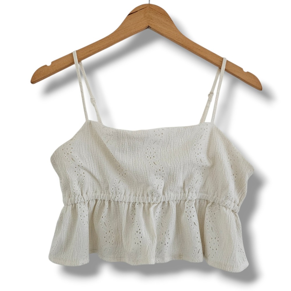 Ardene Crop Top L Womens Cream Eyelet Peplum Cottage Coastal Coquette Boho Beach